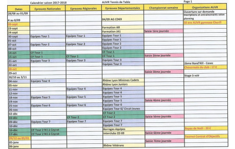 Calendrier de sept 2017 à janvier 2018